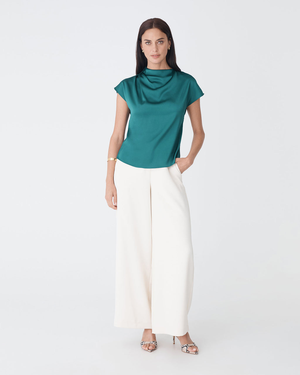 Zafina Pleated Draped Top in teal — full-length view