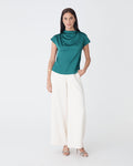 Zafina Pleated Draped Top in teal — full-length view
