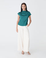 Zafina Pleated Draped Top in teal — full-length view