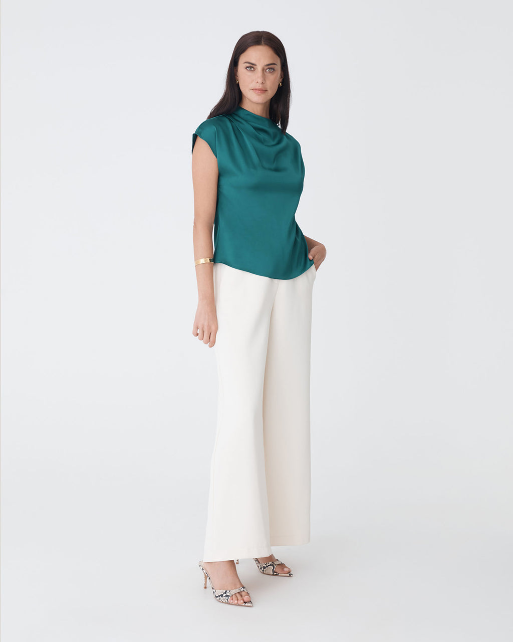Zafina Pleated Draped Top in teal — side view