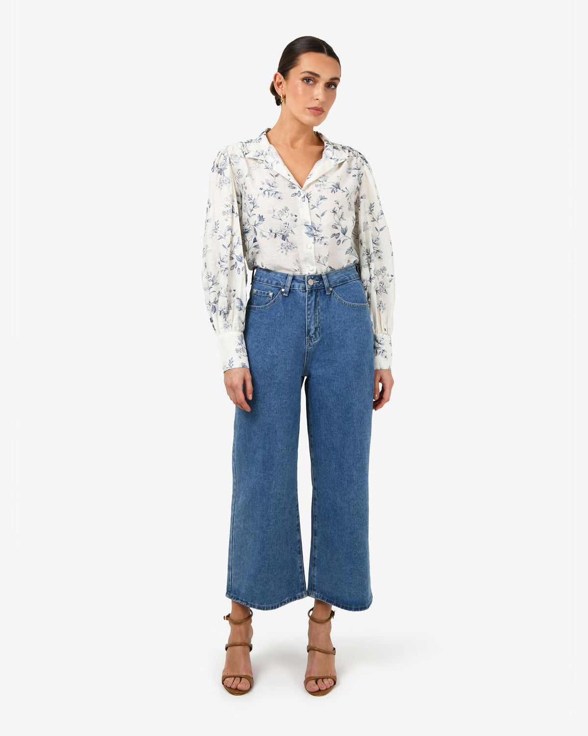 Jasmine Floral Blouse in ivory blue — full-length view