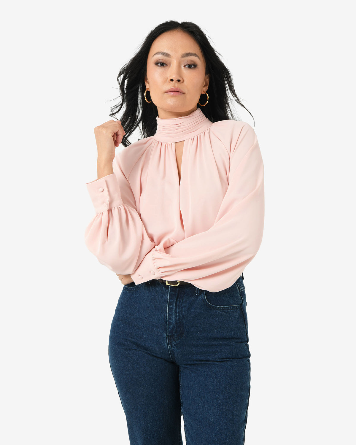 Edina Long Sleeve Blouse in blush pink — close-up view