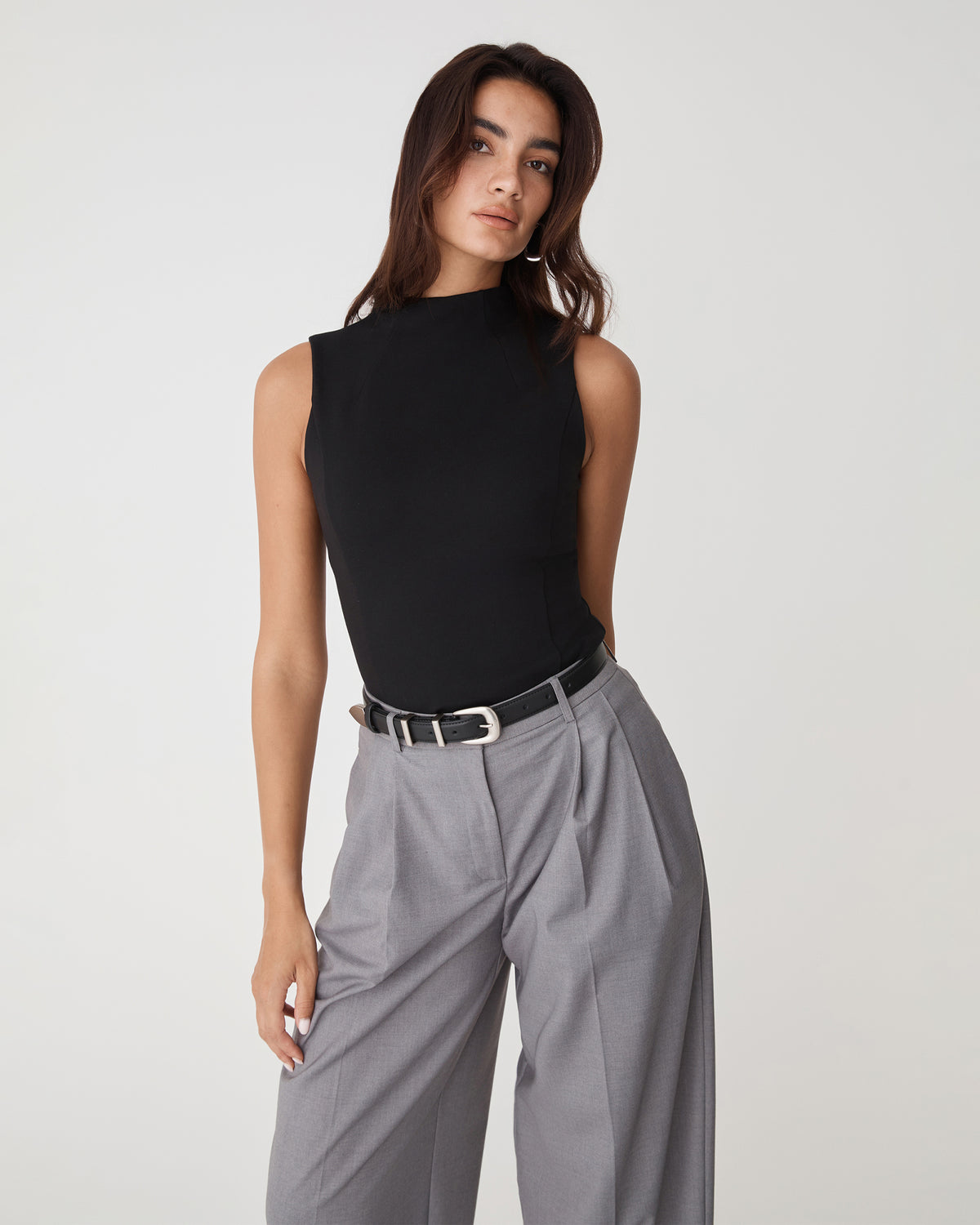 Finnley Structured Ponte Top in black — close-up view