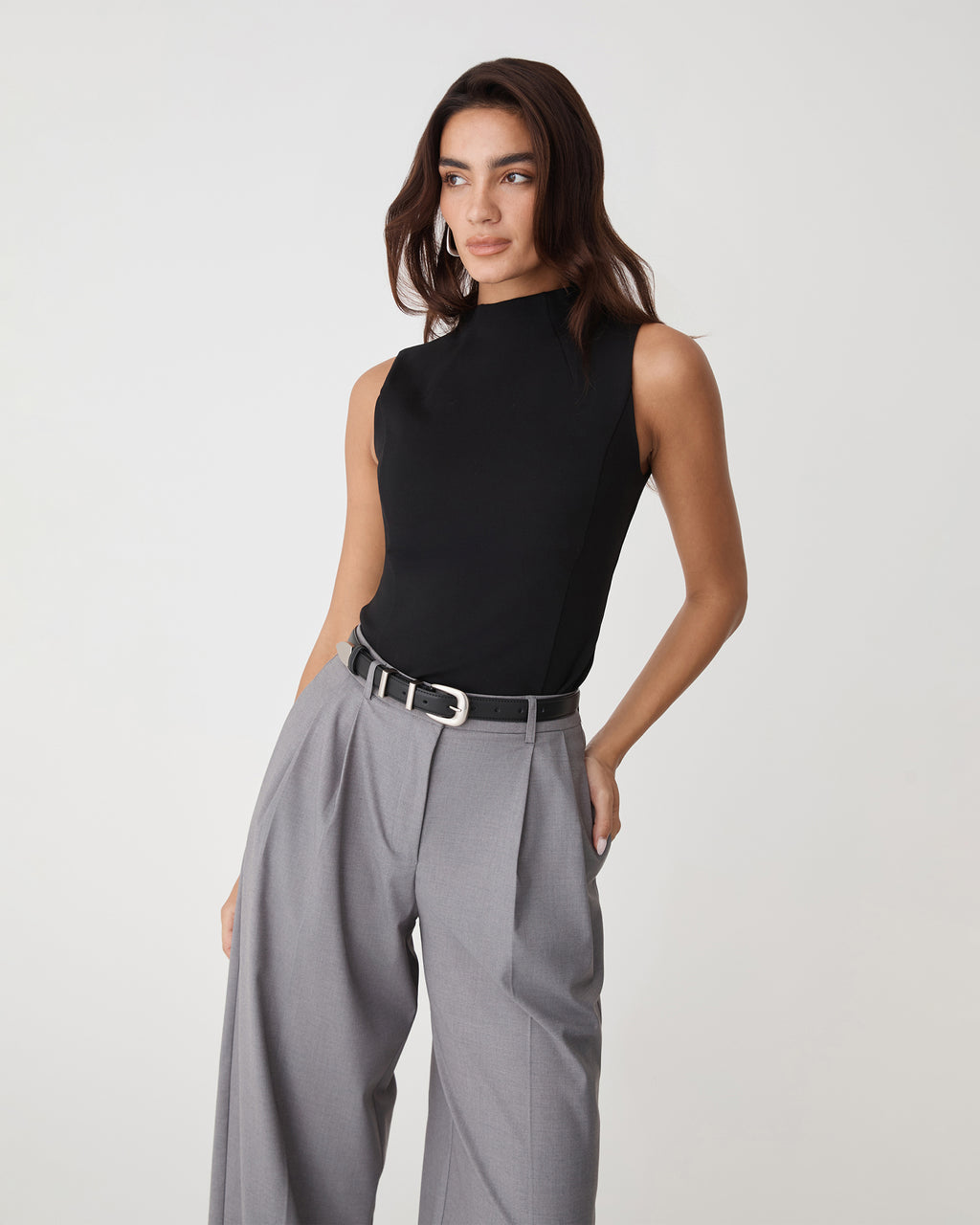 Finnley Structured Ponte Top in black — close-up view 2