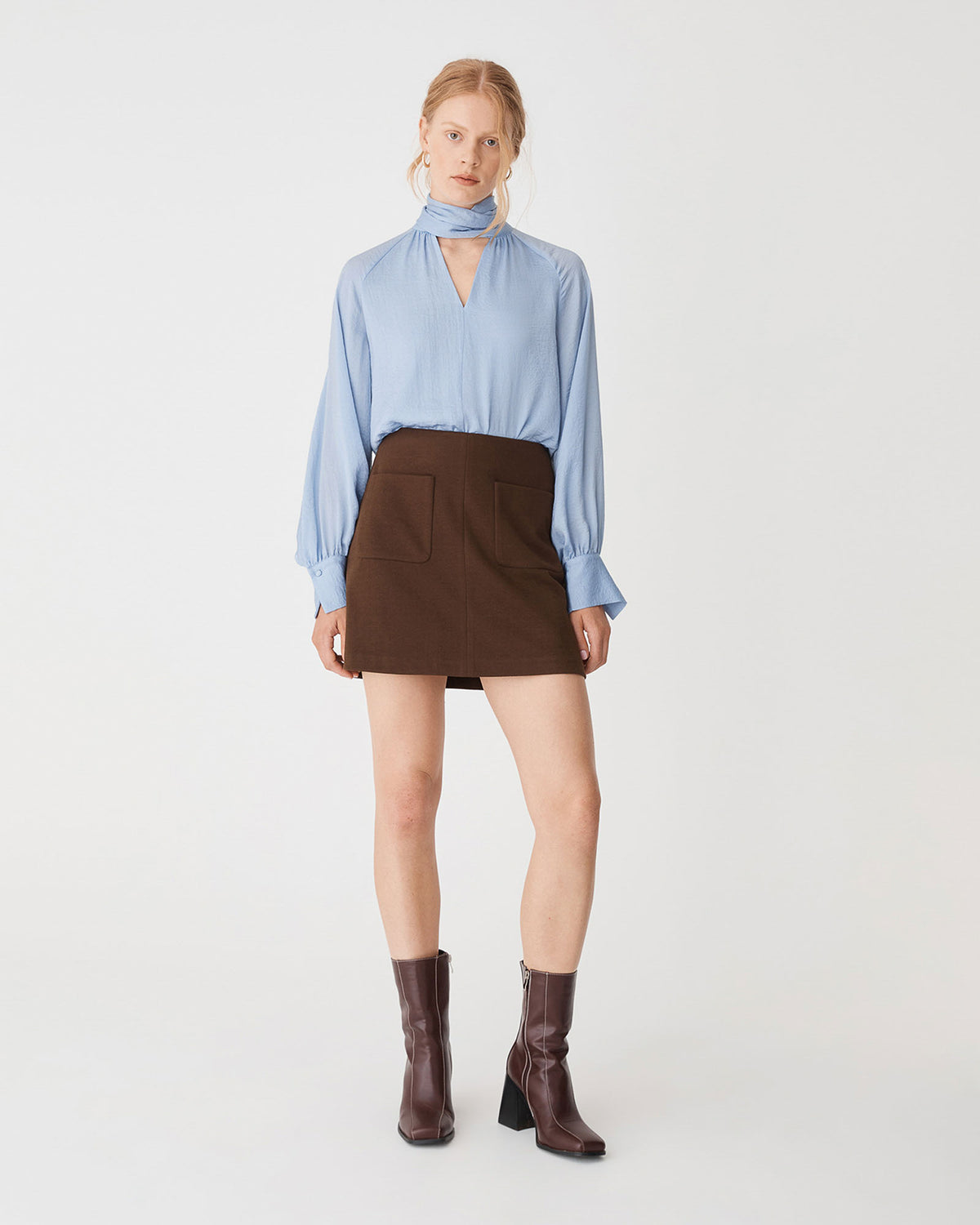 Sienna Pussybow Blouse in sky blue — full-length view