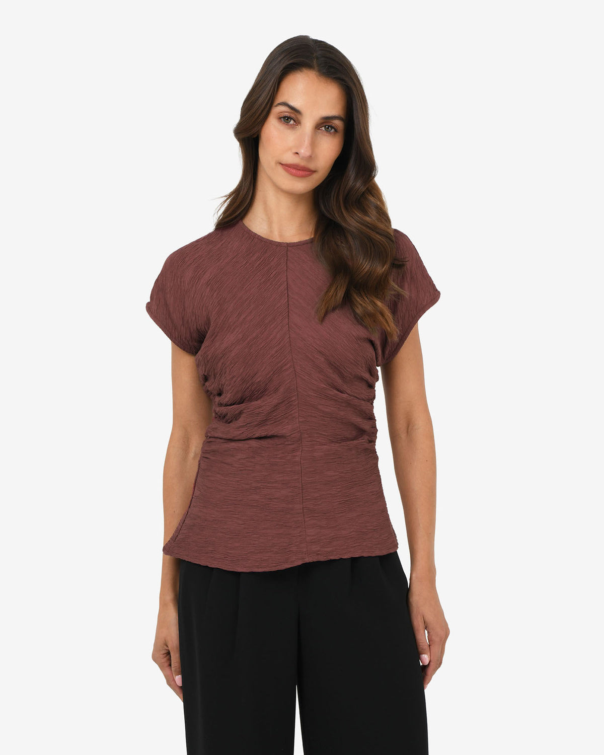 Pricilla Draped Top in clay — close-up view