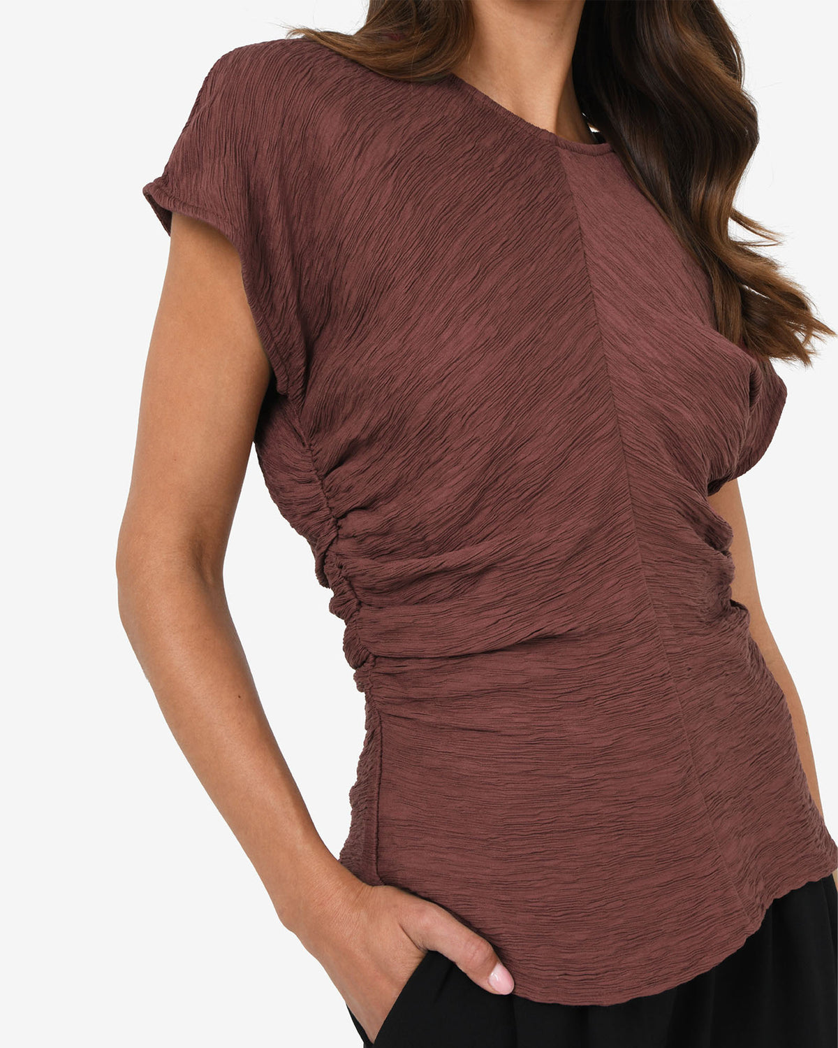 Pricilla Draped Top in clay — close-up view 2