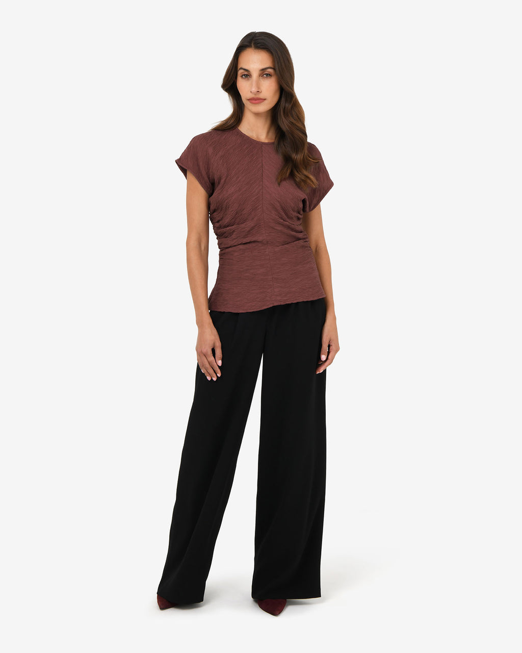 Pricilla Draped Top in clay — full-length view