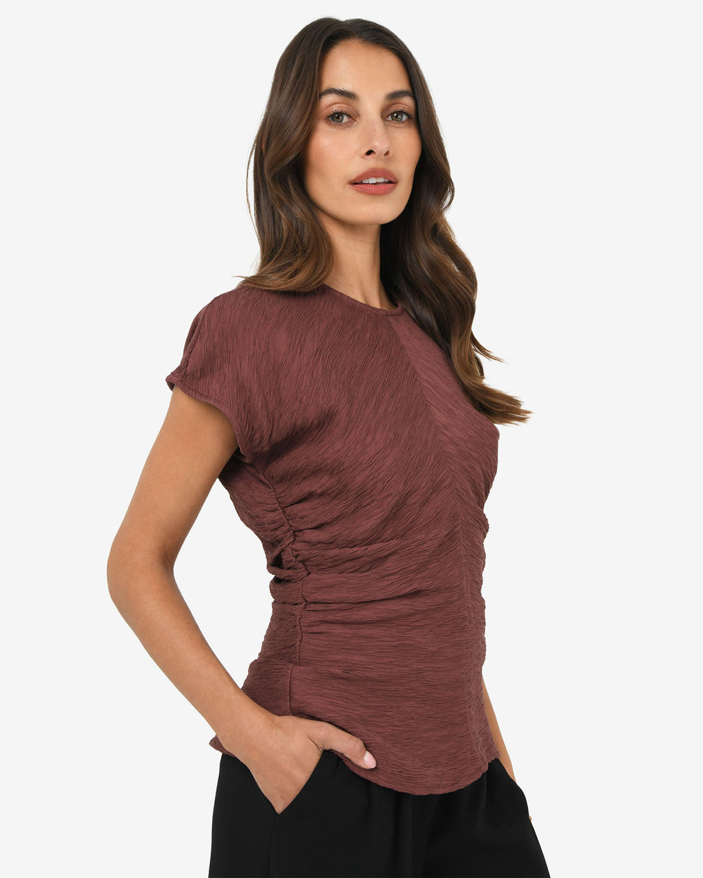 Pricilla Draped Top in clay — side view