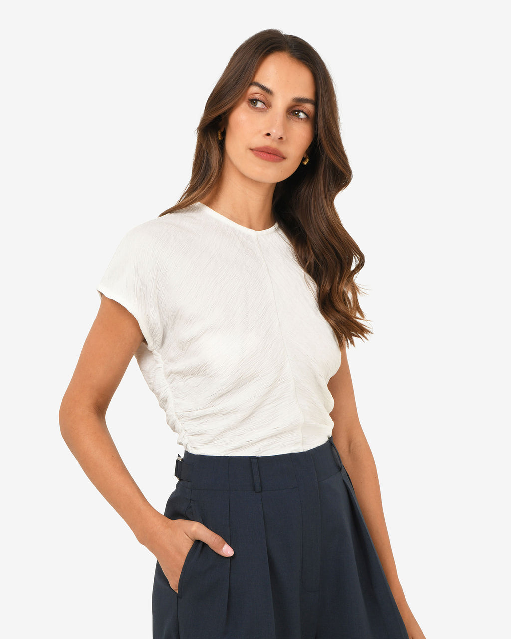 Pricilla Draped Top in ivory — side view 2