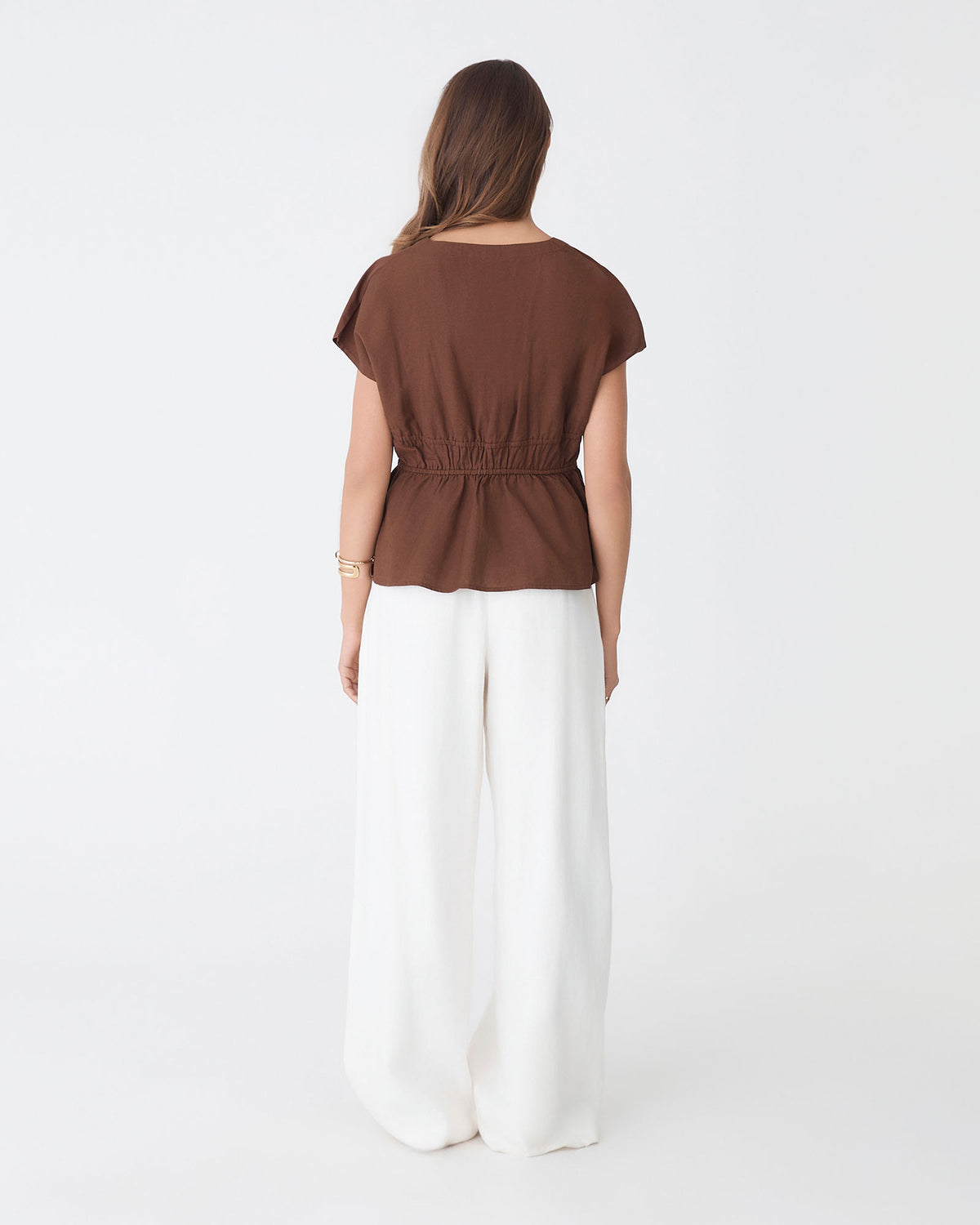 Bronte Cotton Drawstring Top in chocolate — back view