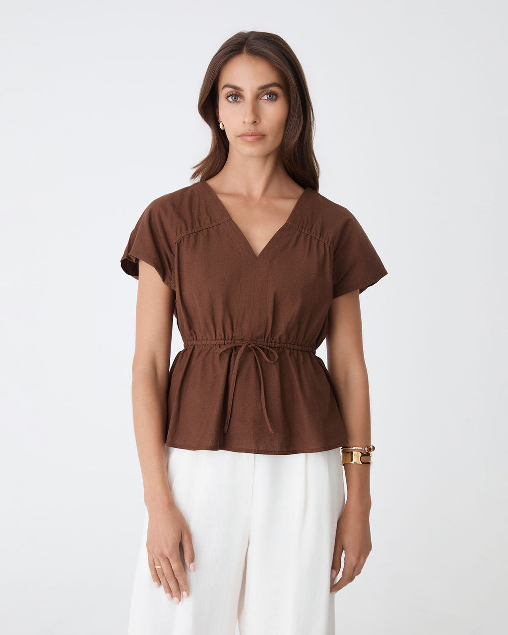 Bronte Cotton Drawstring Top in chocolate — close-up view