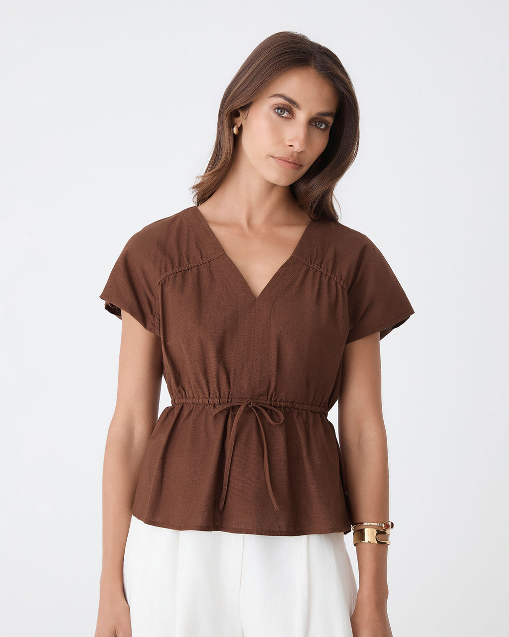 Bronte Cotton Drawstring Top in chocolate — close-up view 2