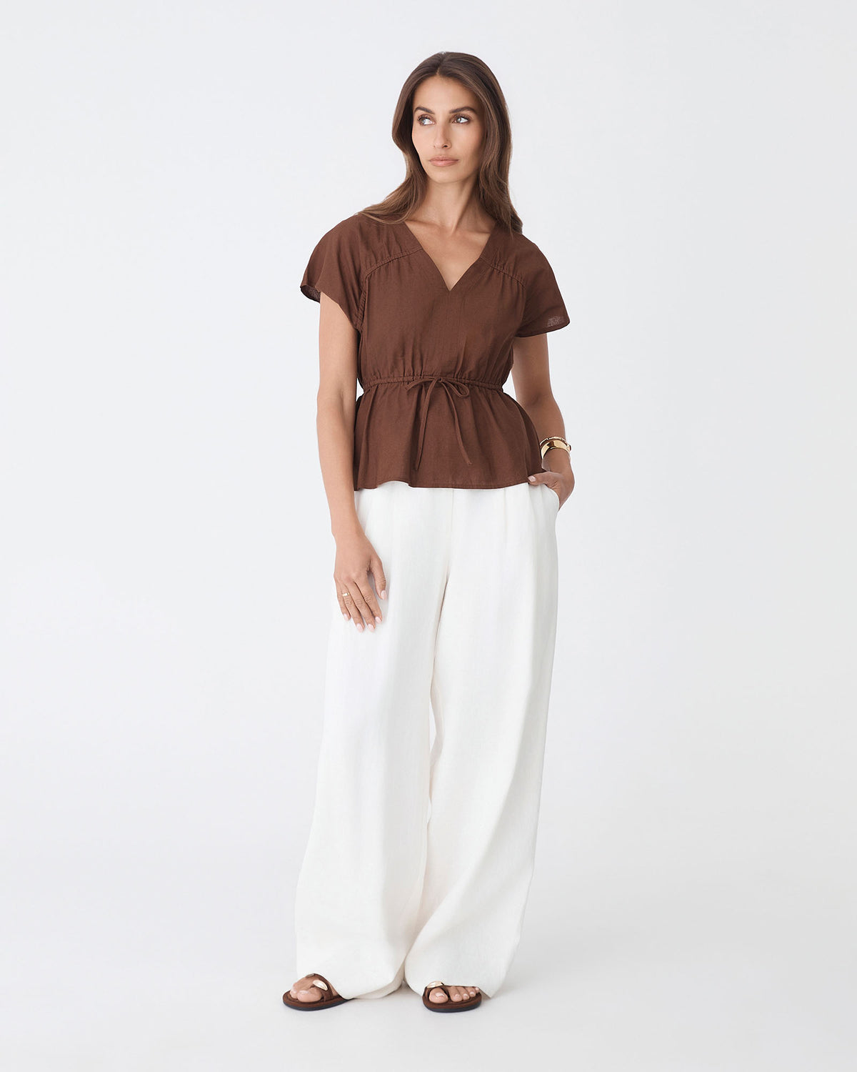 Bronte Cotton Drawstring Top in chocolate — full-length view