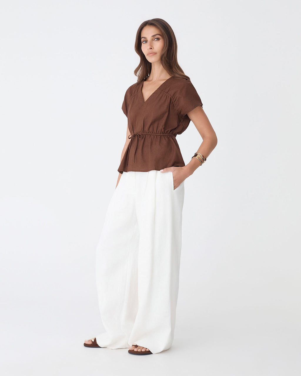 Bronte Cotton Drawstring Top in chocolate — side view