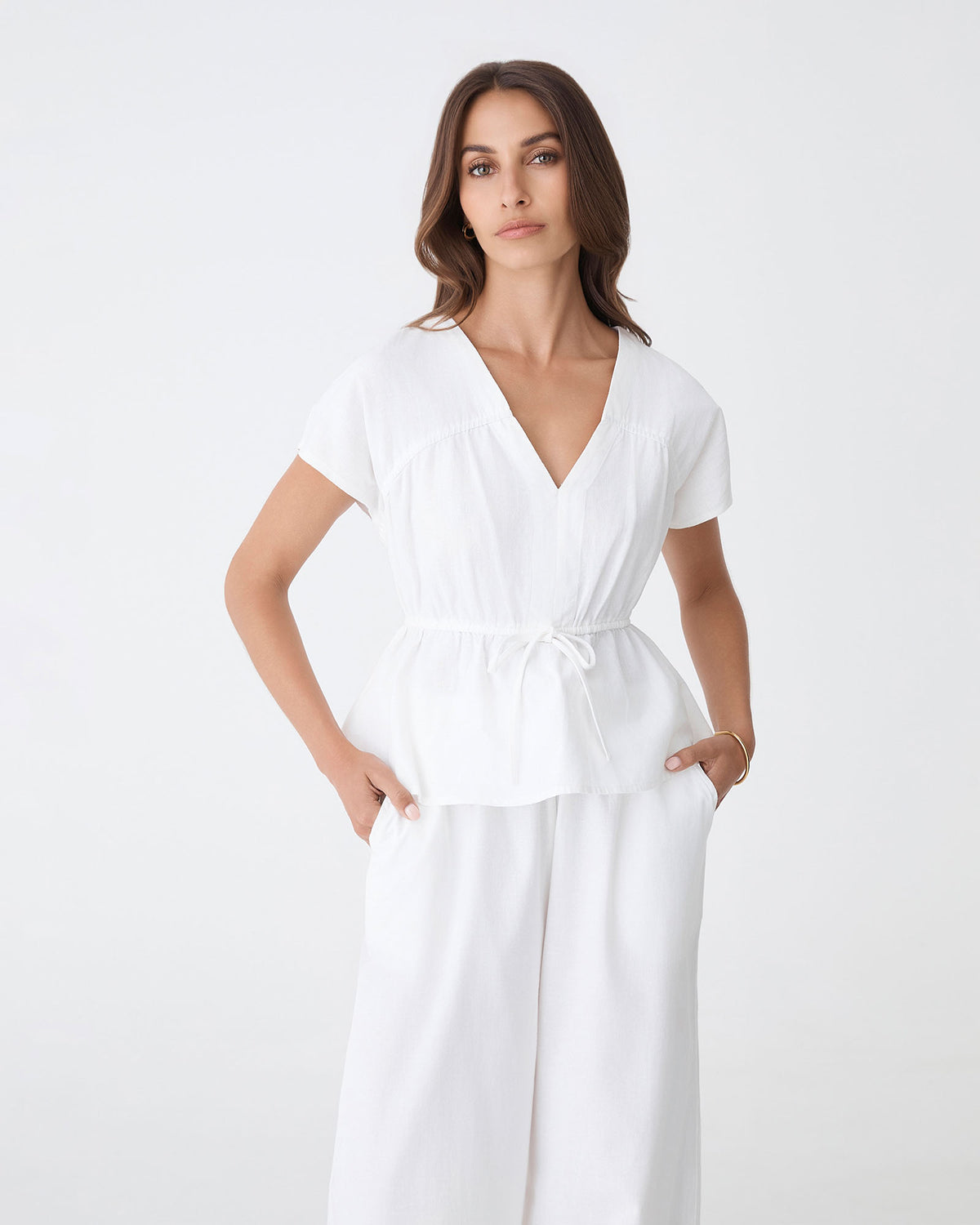 Bronte Cotton Drawstring Top in white — close-up view