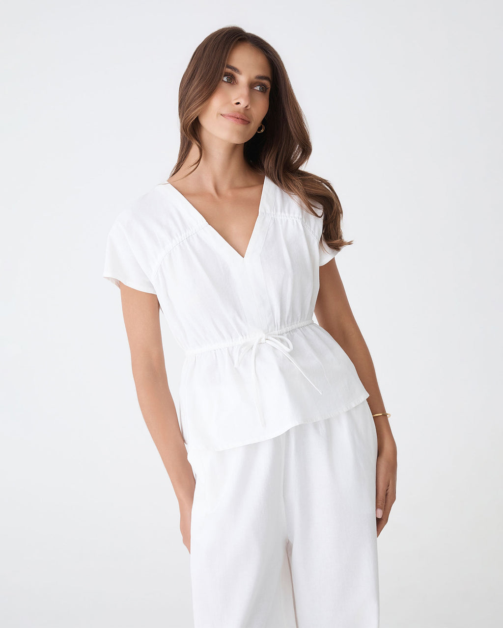 Bronte Cotton Drawstring Top in white — close-up view 2