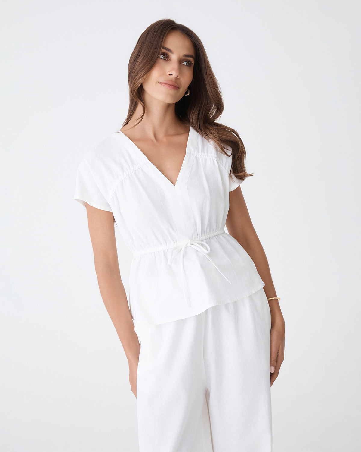Bronte Cotton Drawstring Top in white — close-up view 2
