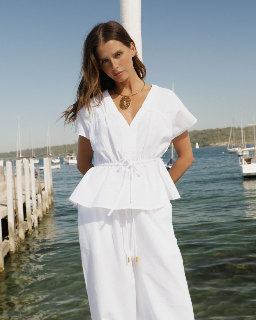 Bronte Cotton Drawstring Top in white — alternate view