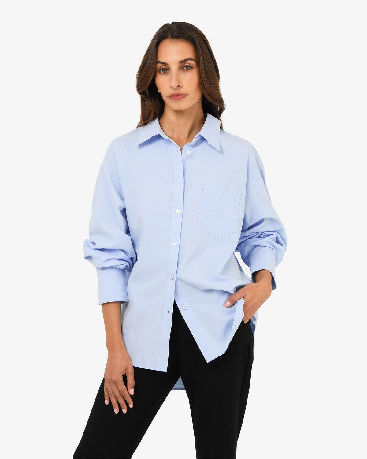 Chicago Oversized Cotton Shirt in soft blue — close-up view