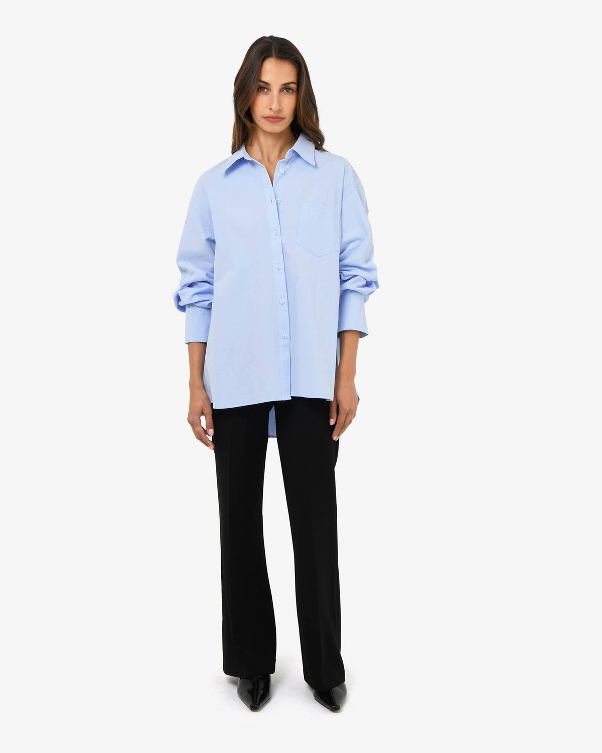 Chicago Oversized Cotton Shirt in soft blue — full-length view