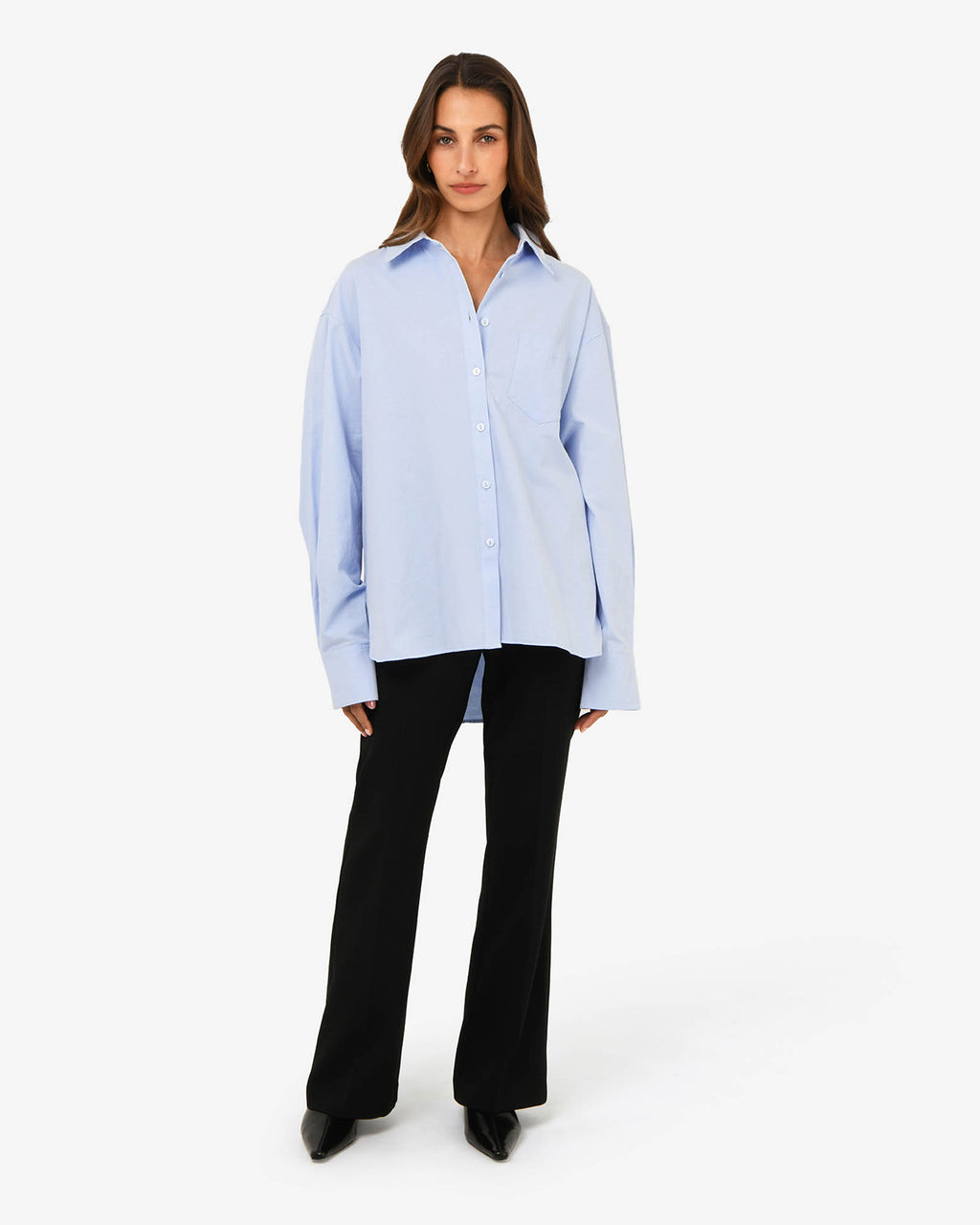 Chicago Oversized Cotton Shirt in soft blue — full-length view 2