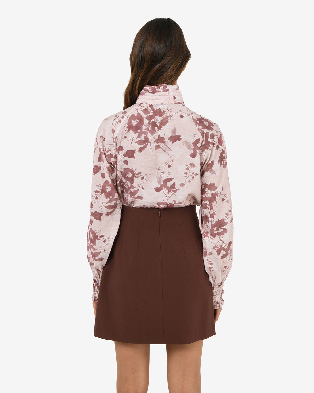 Lesley High Neck Floral Blouse in wine pink — back view