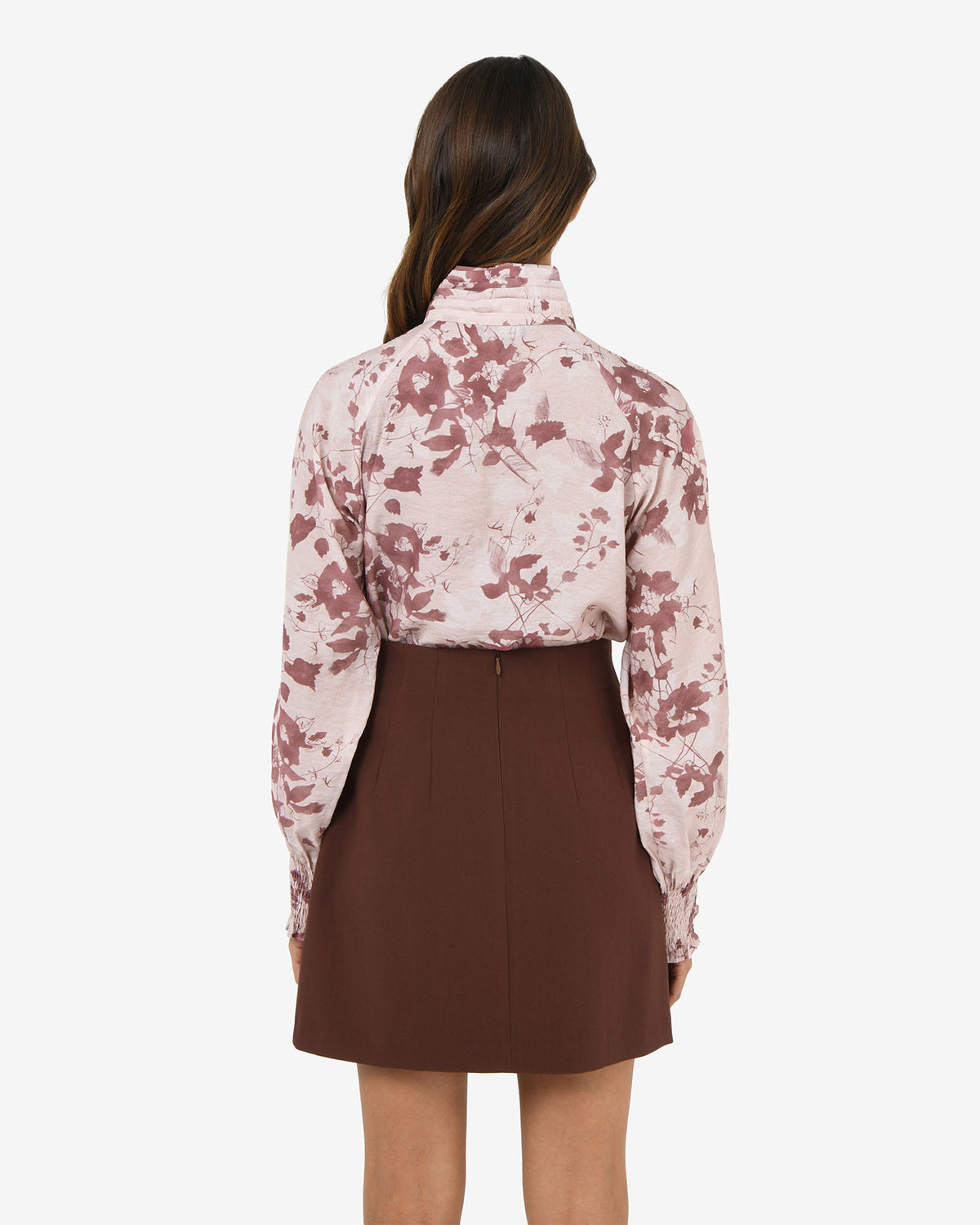 Lesley High Neck Floral Blouse in wine pink — back view