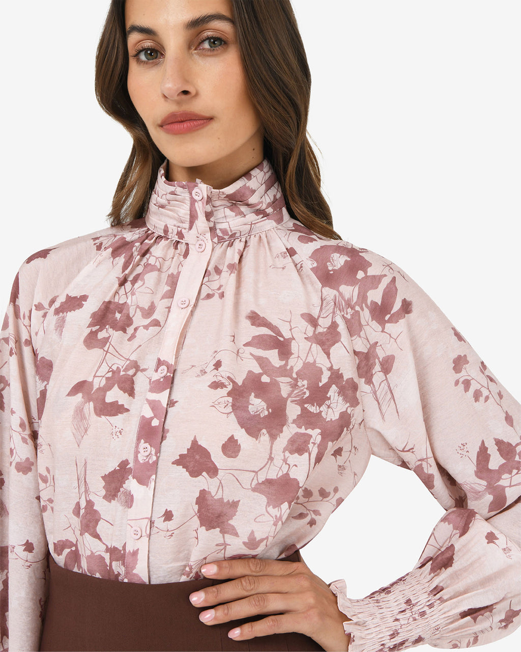 Lesley High Neck Floral Blouse in wine pink — fabric detail