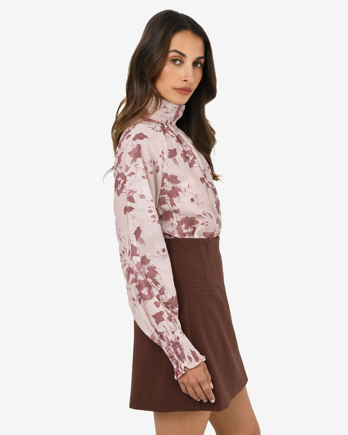 Lesley High Neck Floral Blouse in wine pink — side view