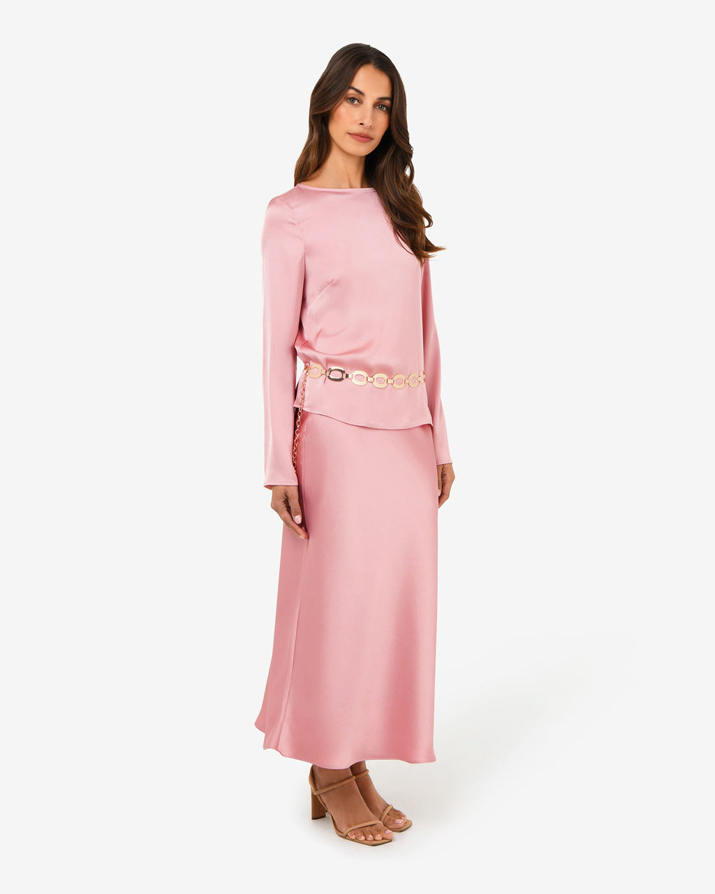 Valeria Long Sleeve Top in pink — full-length view
