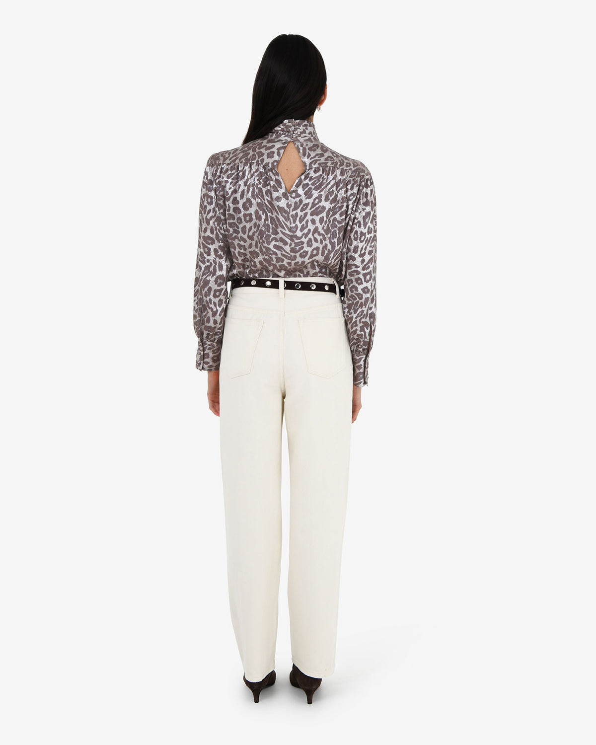 Melisa Gathered Yoke Top in leopard — back view