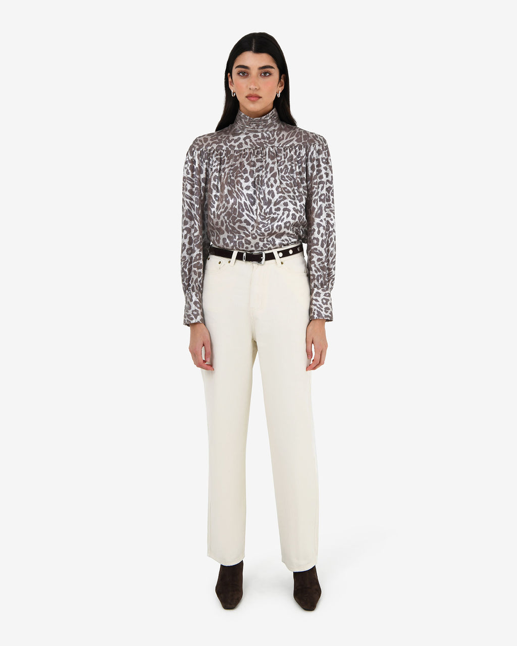 Melisa Gathered Yoke Top in leopard — full-length view