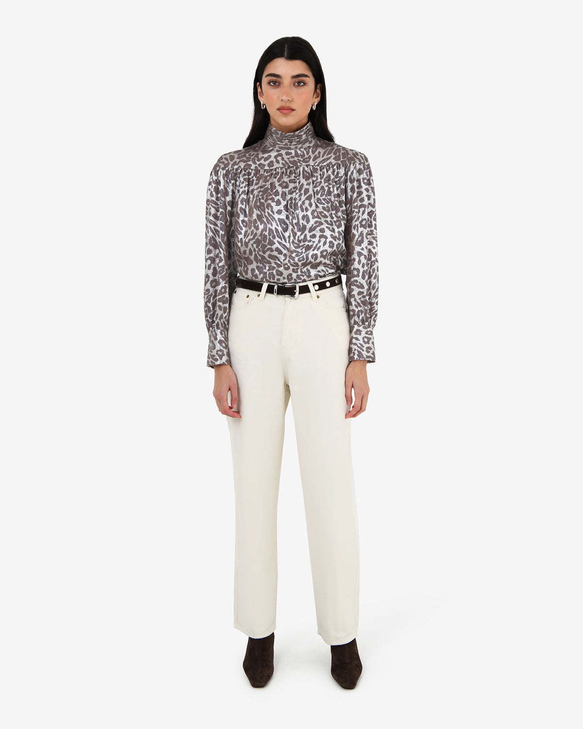 Melisa Gathered Yoke Top in leopard — full-length view