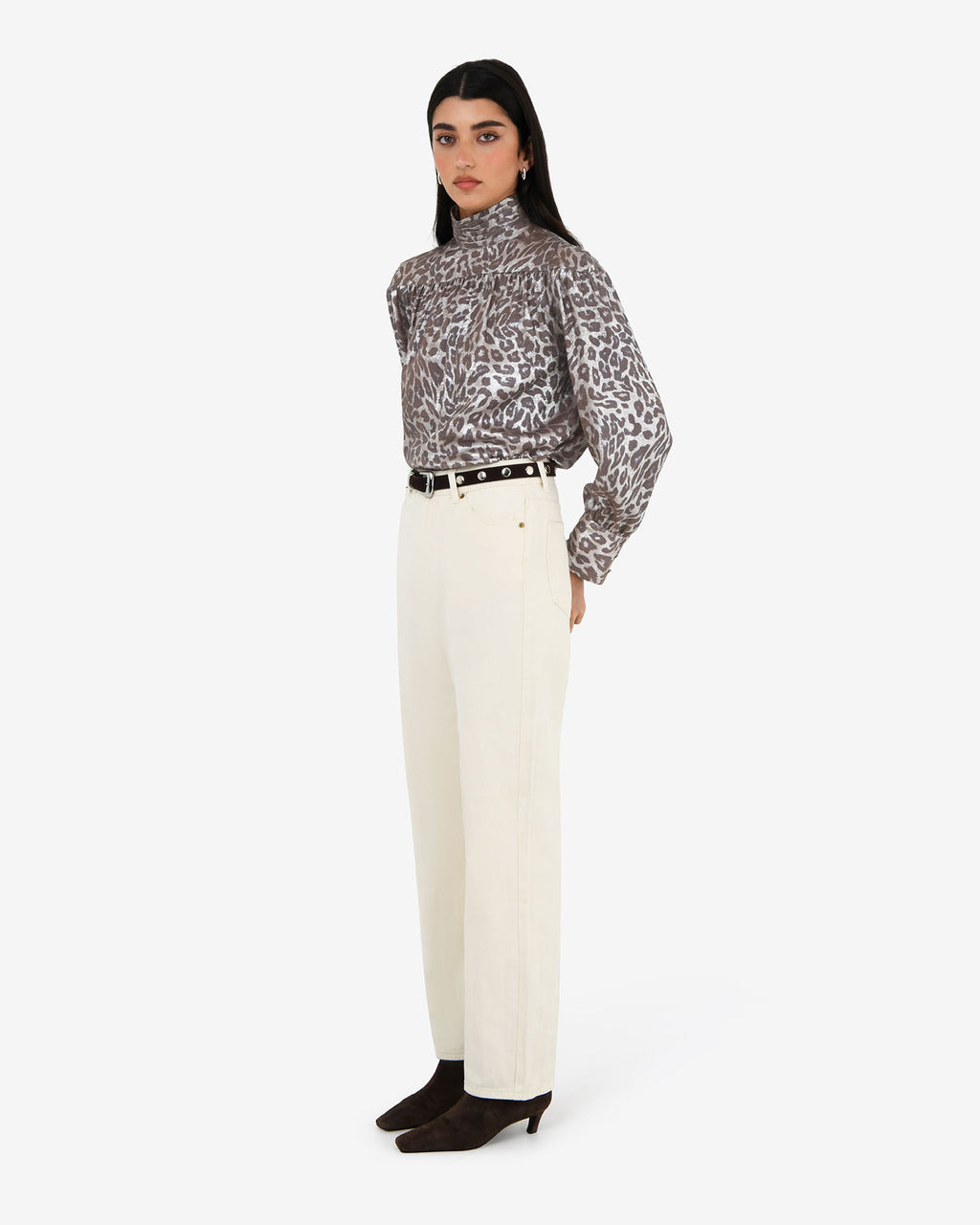 Melisa Gathered Yoke Top in leopard — side view