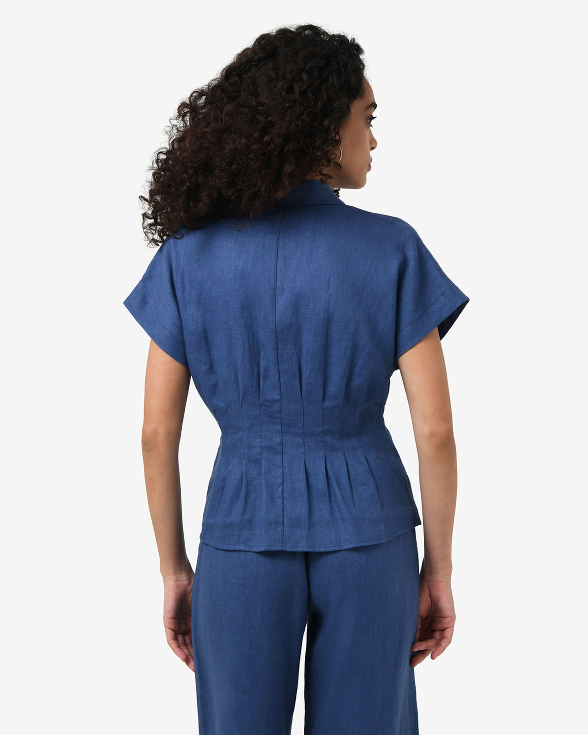 Ami Linen Pleated Tuck Shirt in egyptian blue — back view