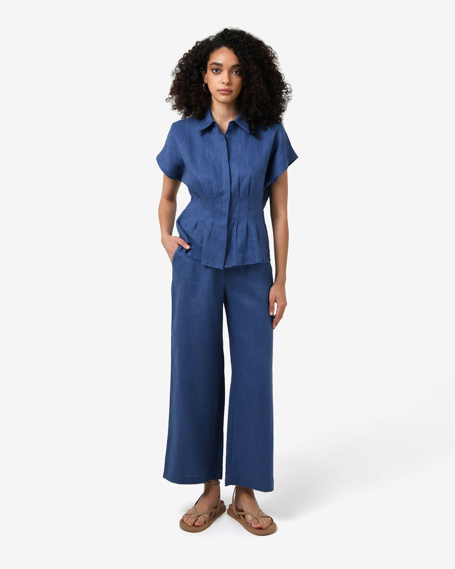 Ami Linen Pleated Tuck Shirt in egyptian blue — full-length view