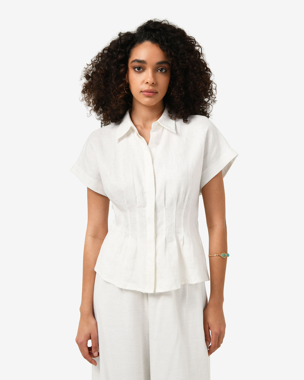 Ami Linen Pleated Tuck Shirt in ivory — close-up view