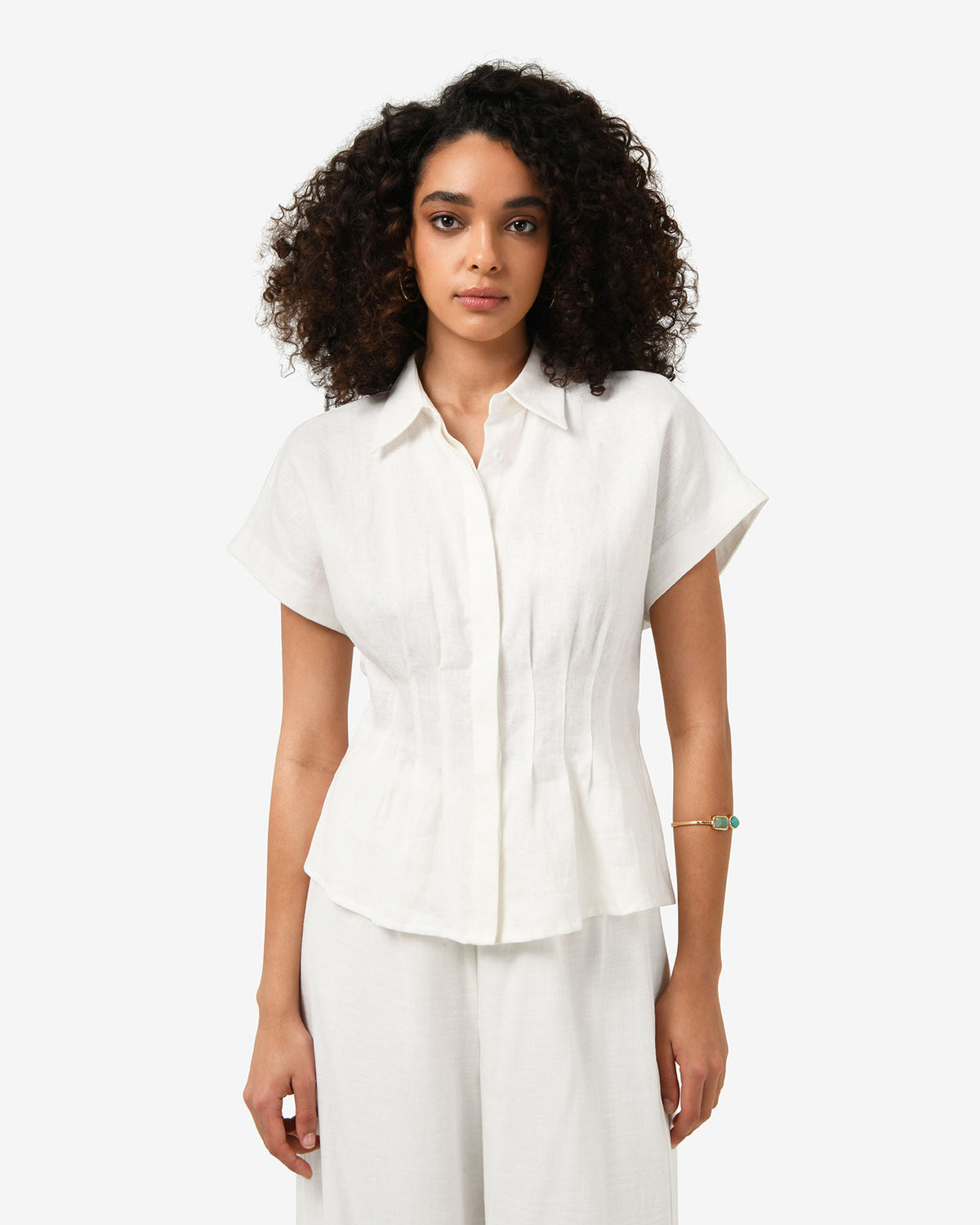 Ami Linen Pleated Tuck Shirt in ivory — close-up view