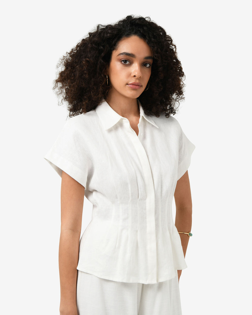 Ami Linen Pleated Tuck Shirt in ivory — close-up view 3