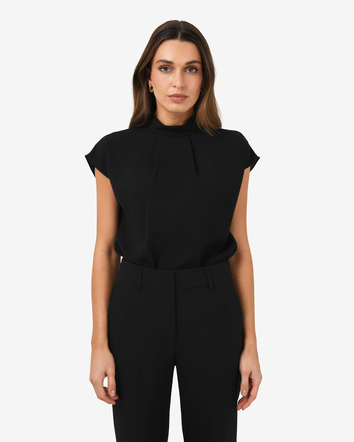 Tiara High Neck Shell Top in black — close-up view