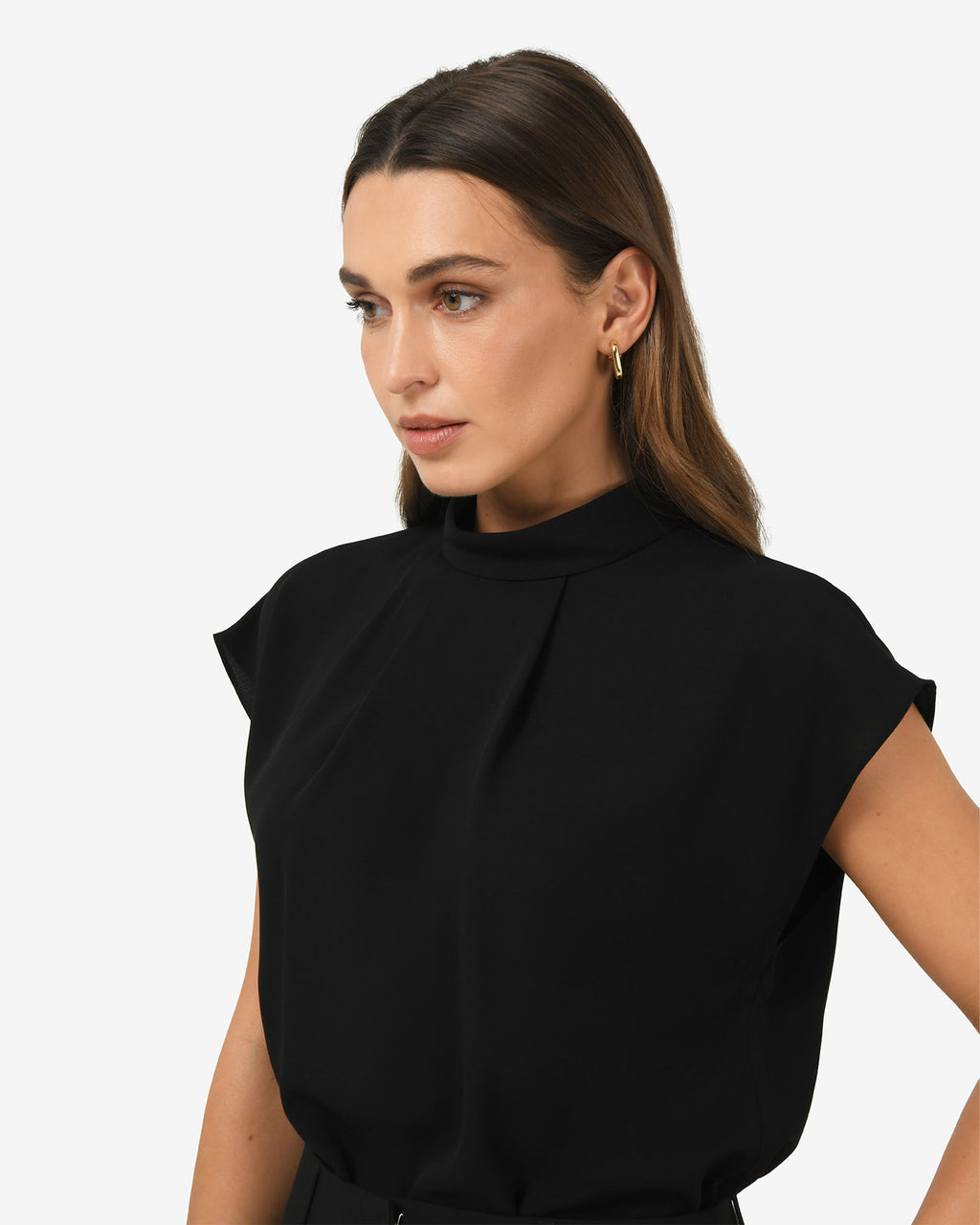 Tiara High Neck Shell Top in black — fabric detail 2