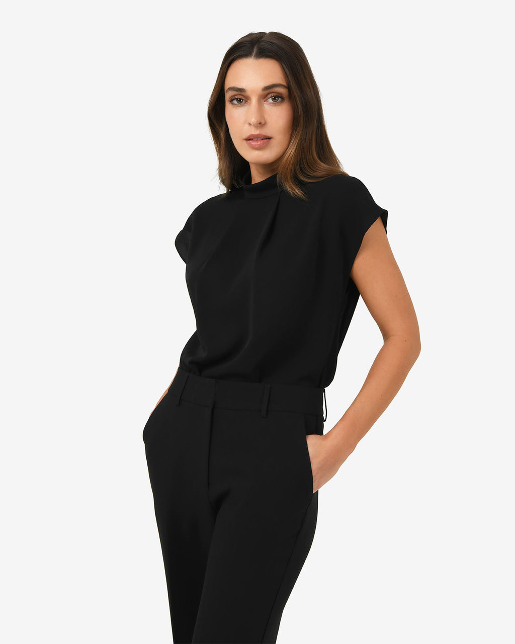 Tiara High Neck Shell Top in black — side view