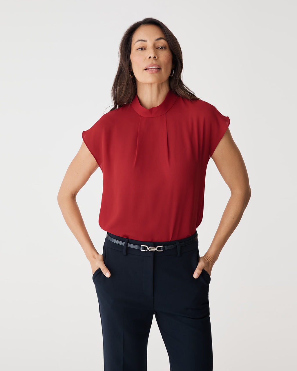 Tiara High Neck Shell Top in scarlet — close-up view