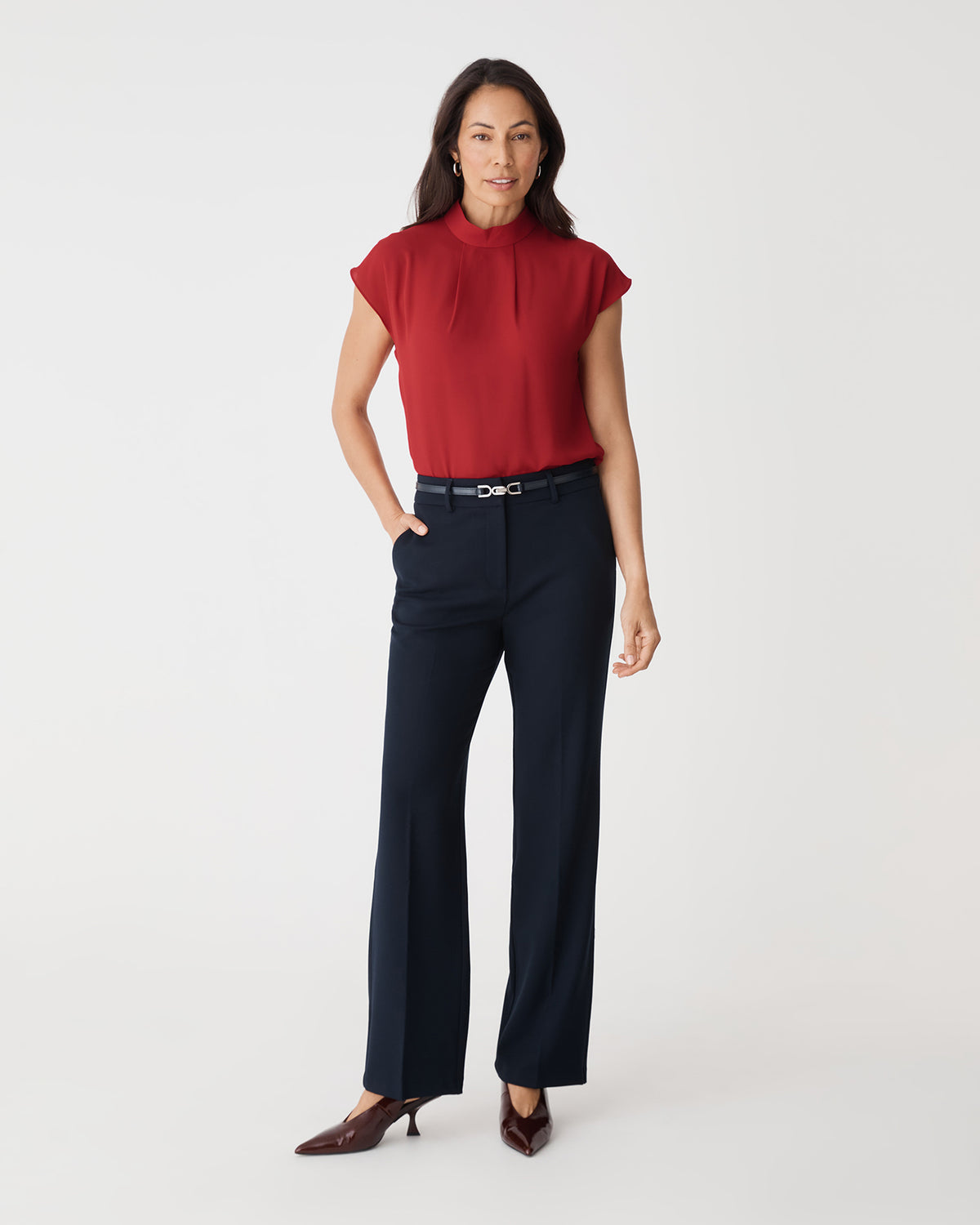 Tiara High Neck Shell Top in scarlet — full-length view
