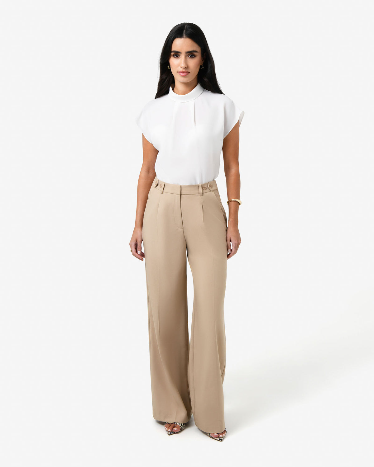 Tiara High Neck Shell Top in white — full-length view