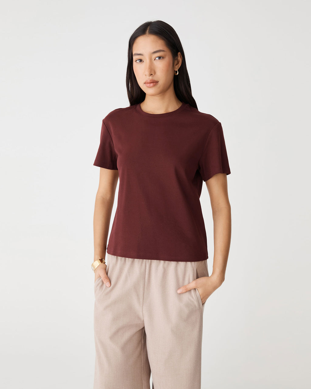 May Relaxed Cotton T-shirt in cabernet — close-up view