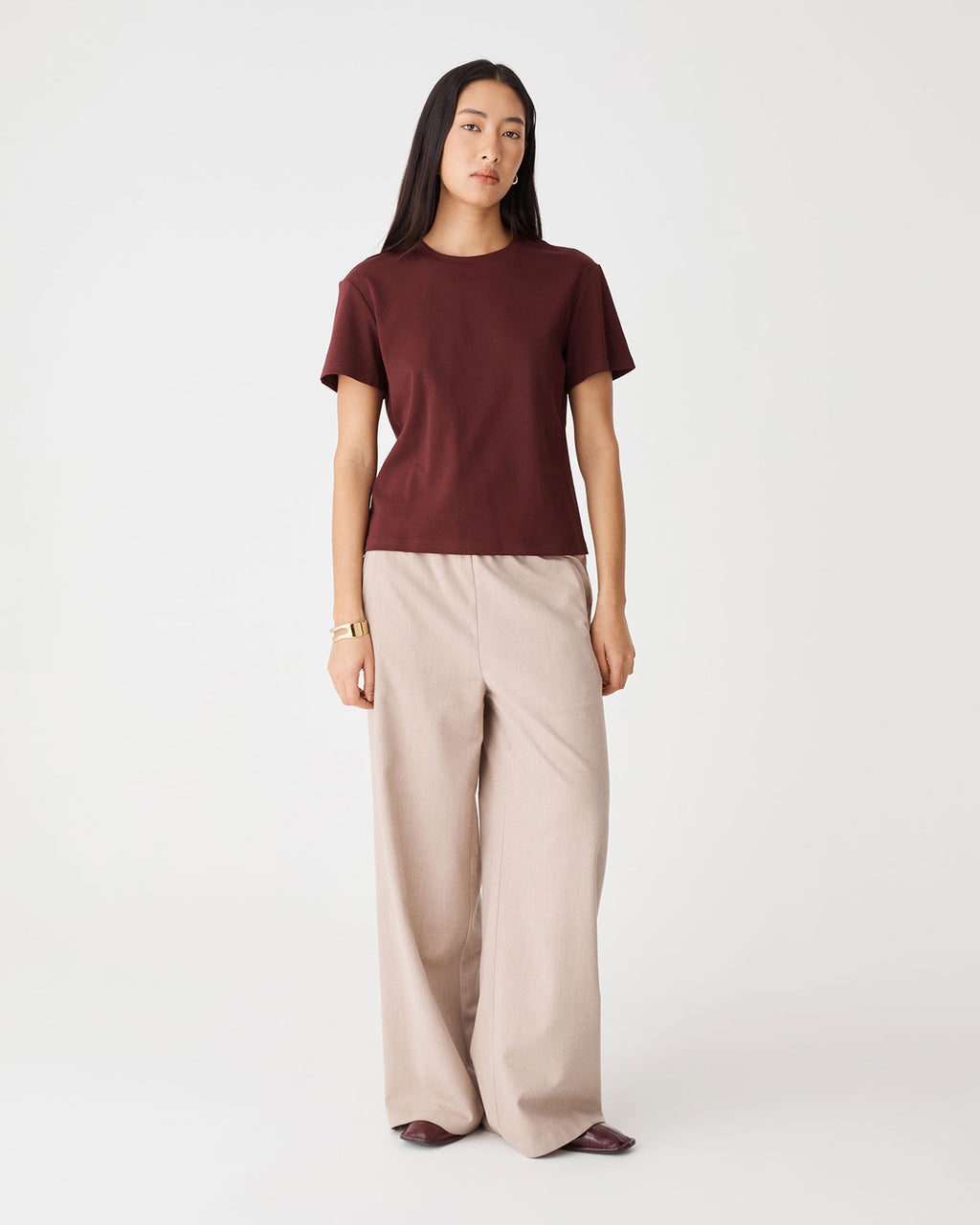 May Relaxed Cotton T-shirt in cabernet — full-length view