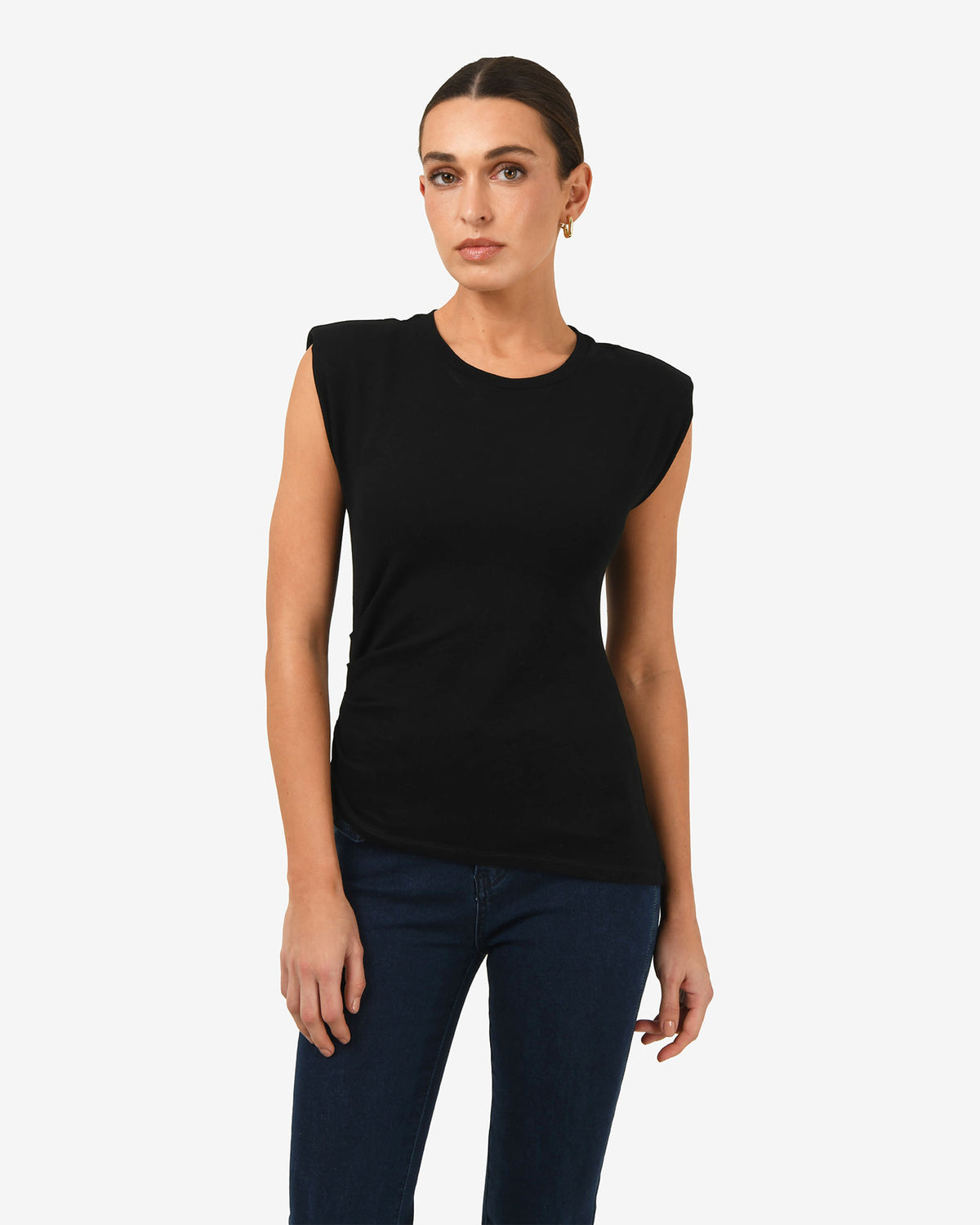 Sarah Padded Ruched Jersey Top in black — close-up view
