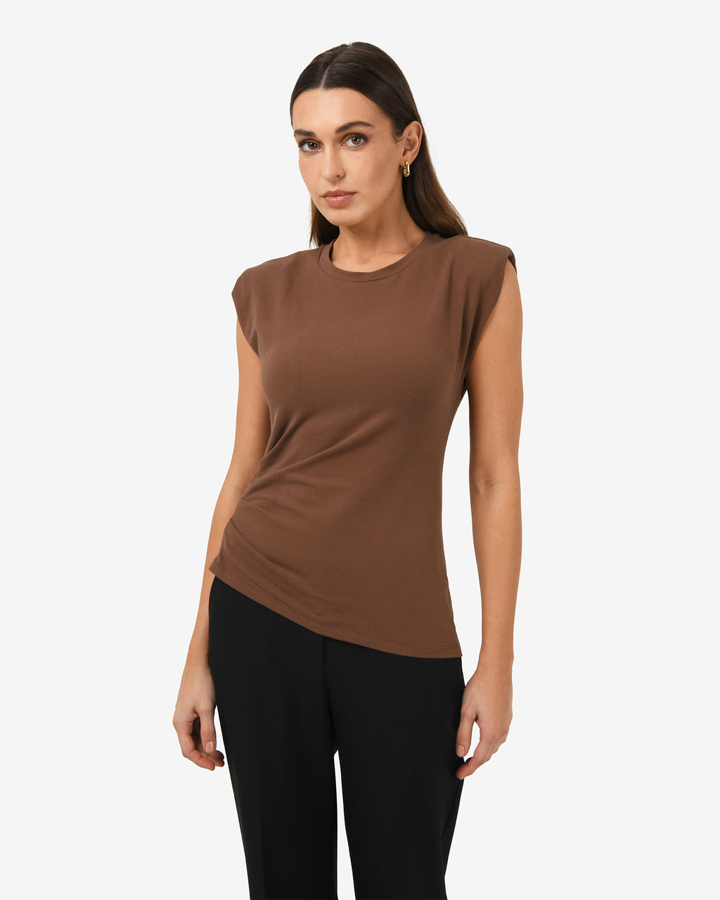 Sarah Padded Ruched Jersey Top in chocolate — close-up view